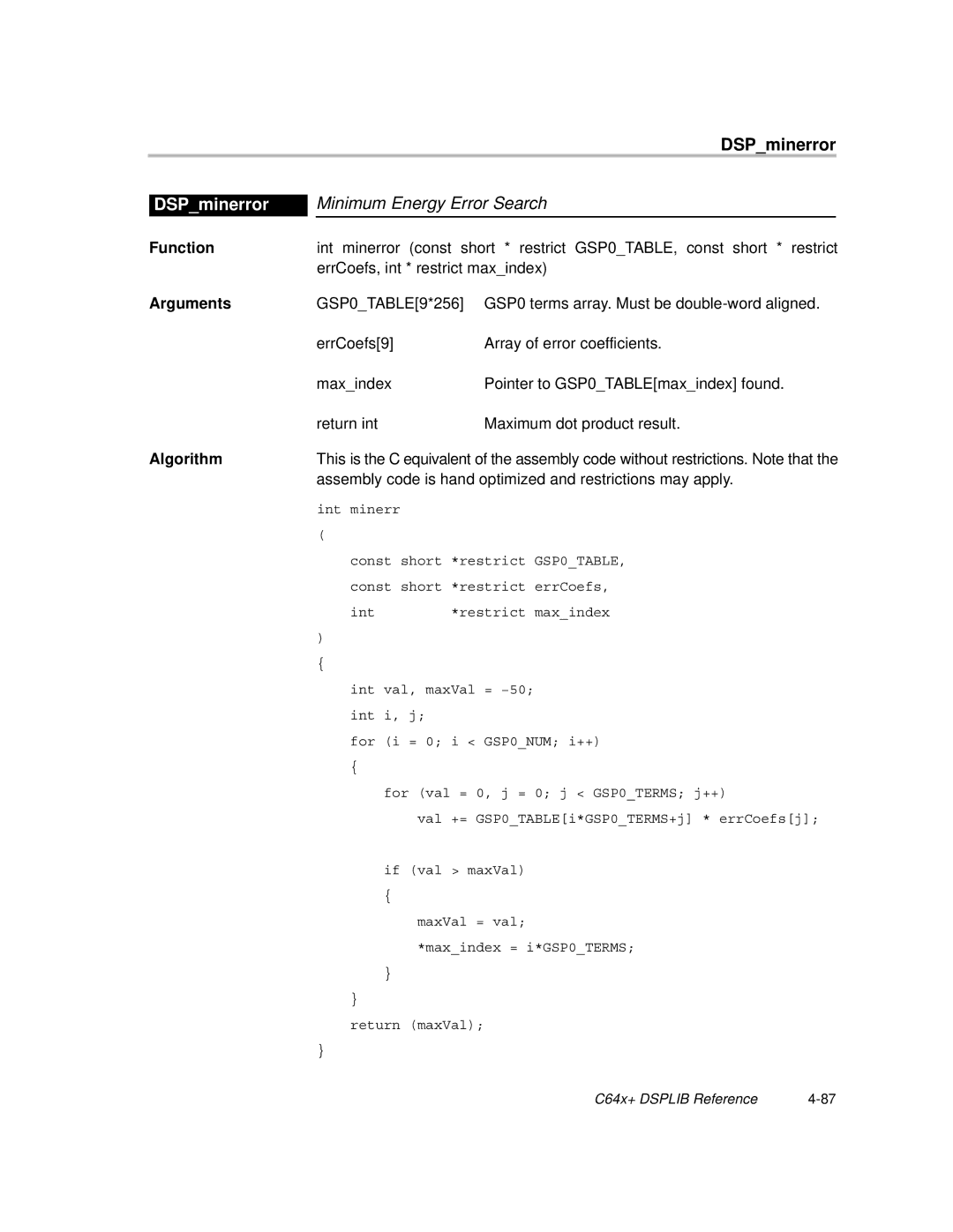 Texas Instruments TMS320C64X manual Minimum Energy Error Search, DSPminerror 