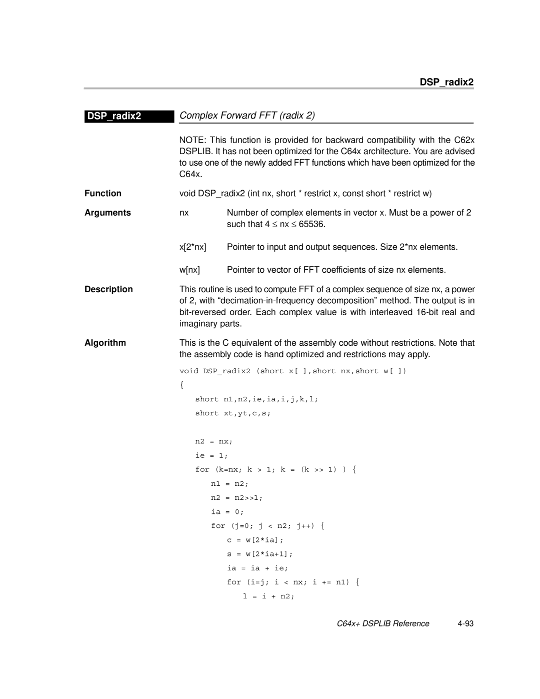 Texas Instruments TMS320C64X manual DSPradix2, Complex Forward FFT radix 