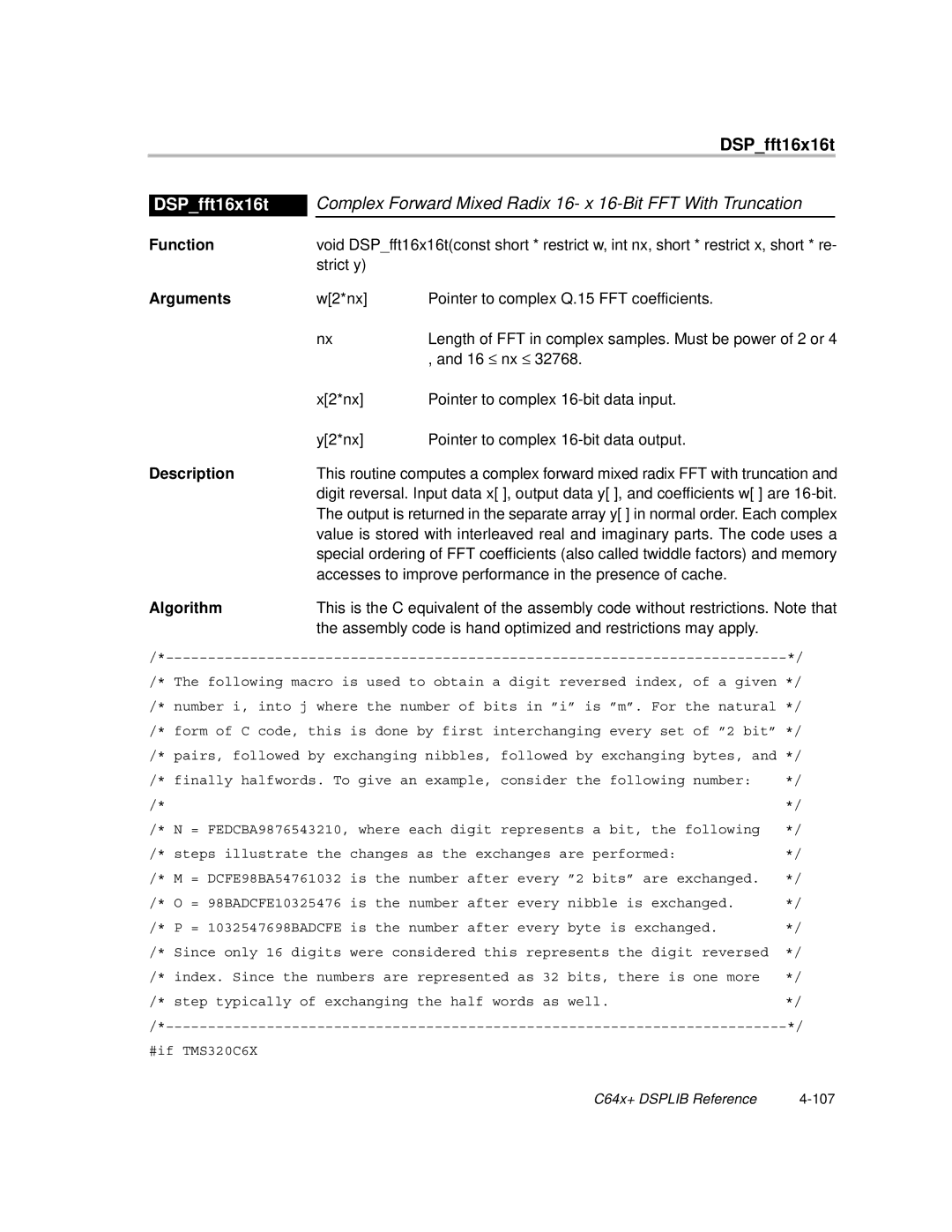 Texas Instruments TMS320C64X manual Complex Forward Mixed Radix 16- x 16-Bit FFT With Truncation, DSPfft16x16t 