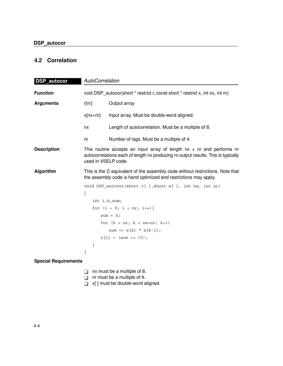 Texas Instruments TMS320C64X manual DSPautocor, AutoCorrelation 