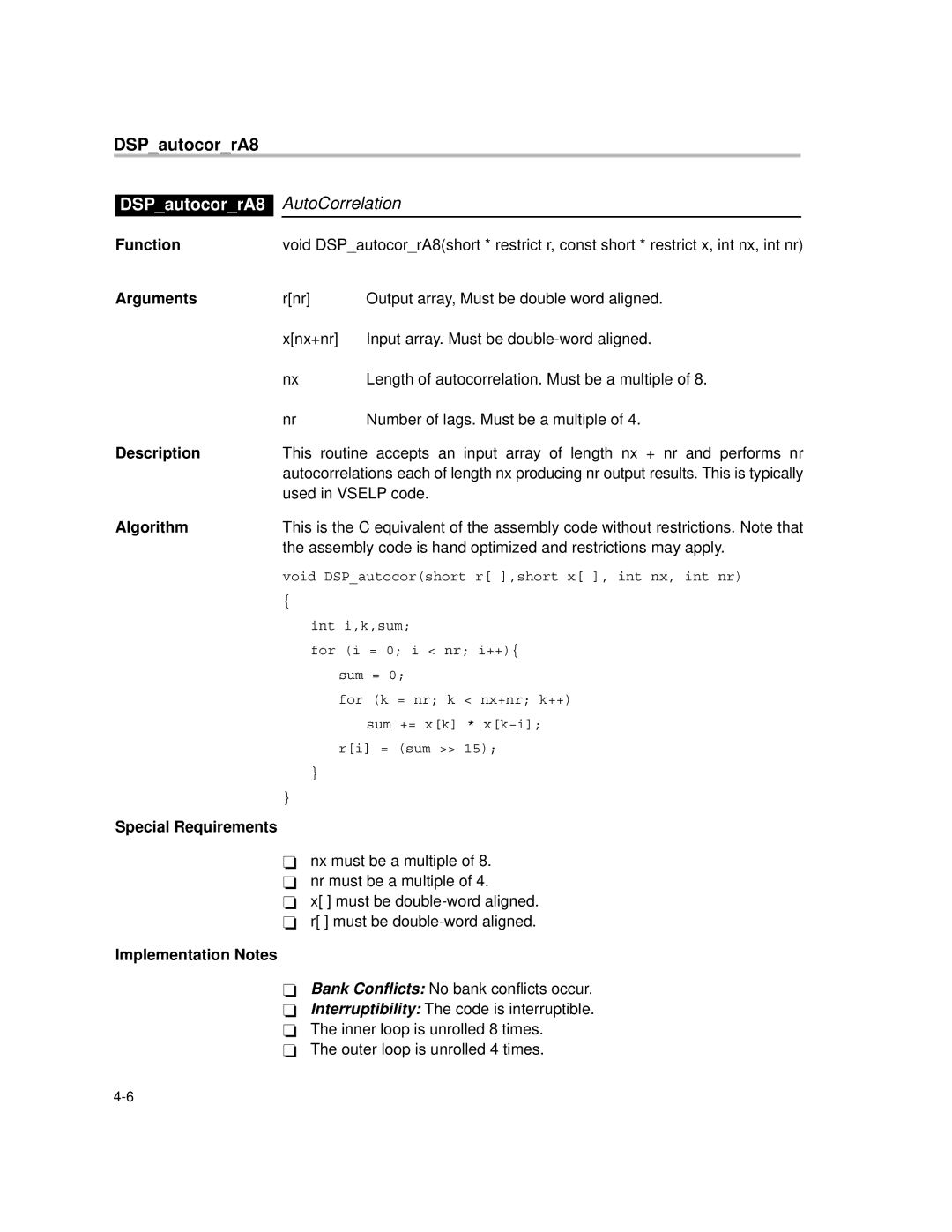 Texas Instruments TMS320C64X manual DSPautocorrA8 AutoCorrelation 