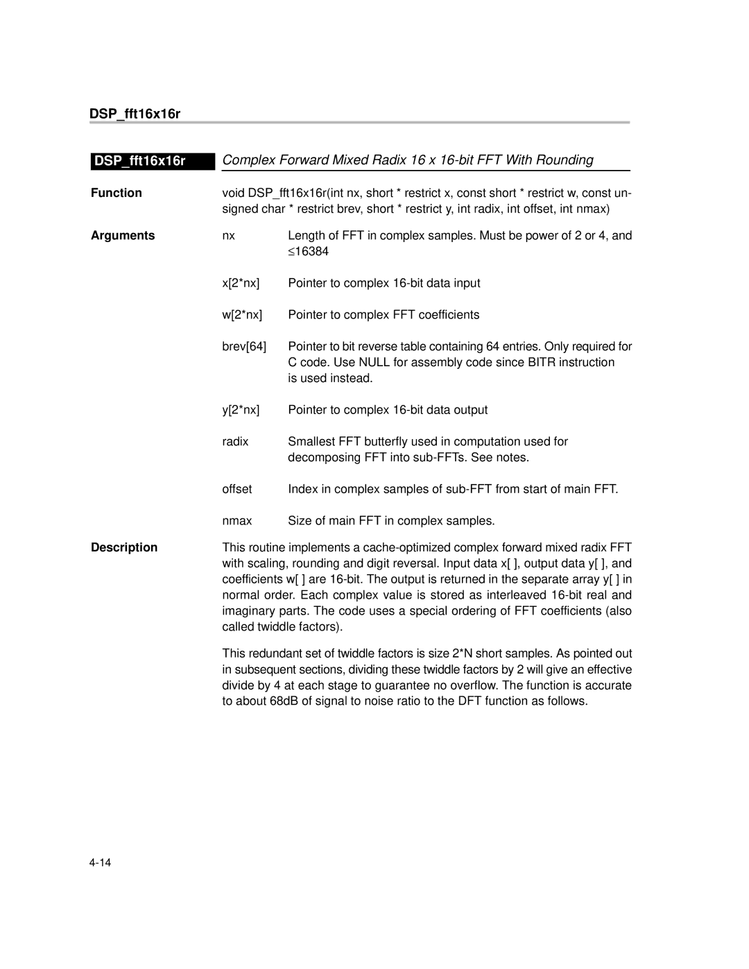 Texas Instruments TMS320C64X manual DSPfft16x16r, Complex Forward Mixed Radix 16 x 16-bit FFT With Rounding 
