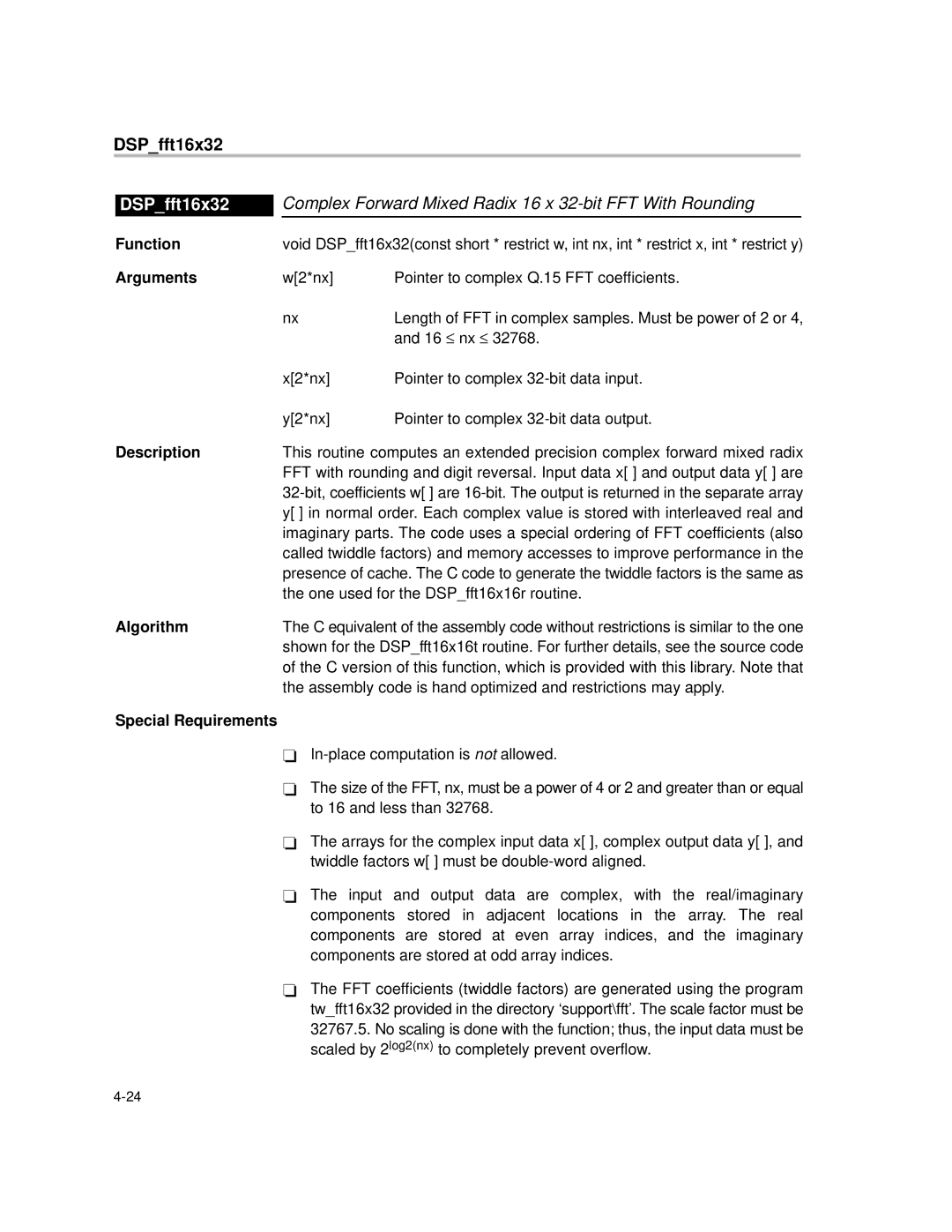 Texas Instruments TMS320C64X manual DSPfft16x32, Complex Forward Mixed Radix 16 x 32-bit FFT With Rounding 