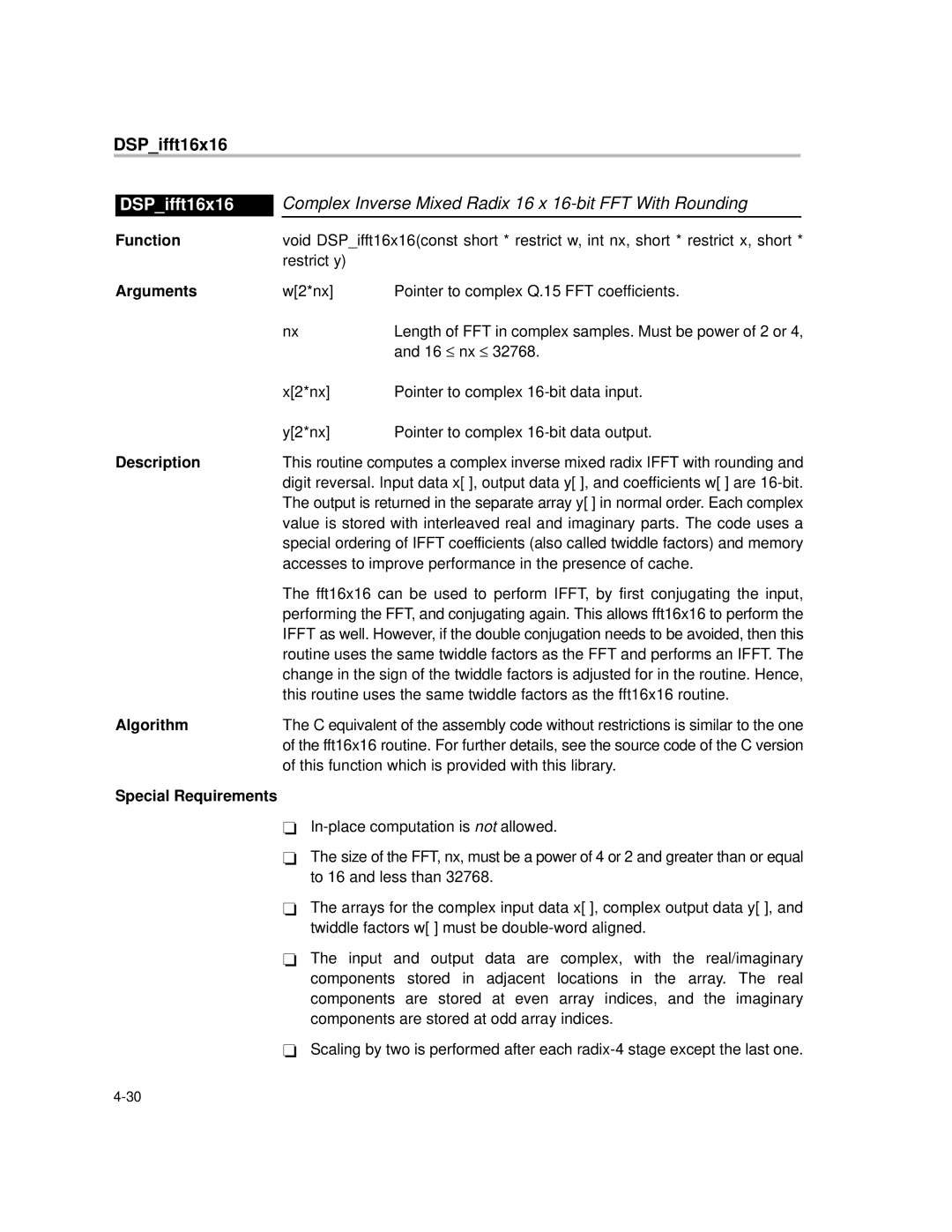 Texas Instruments TMS320C64X manual DSPifft16x16, Complex Inverse Mixed Radix 16 x 16-bit FFT With Rounding 
