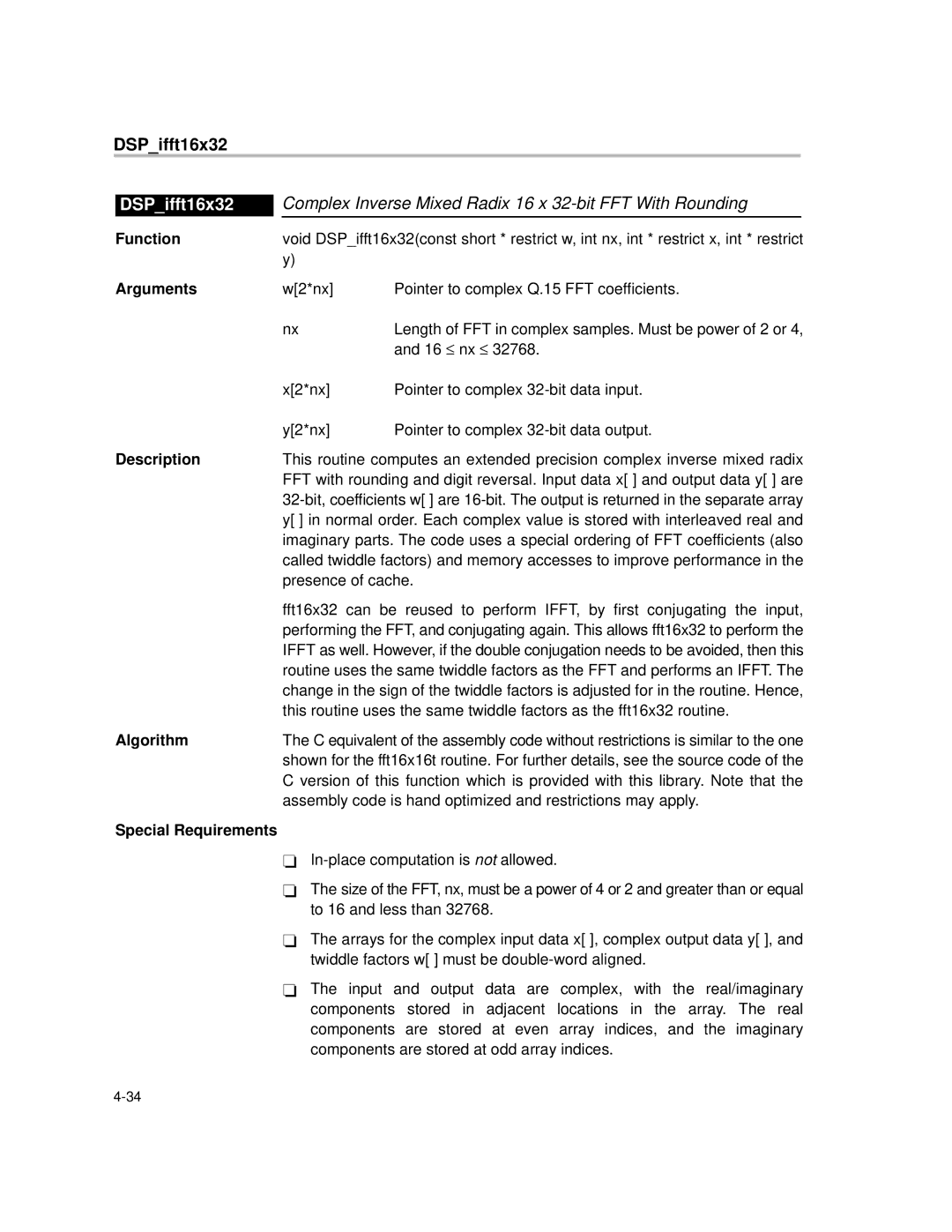 Texas Instruments TMS320C64X manual DSPifft16x32, Complex Inverse Mixed Radix 16 x 32-bit FFT With Rounding 