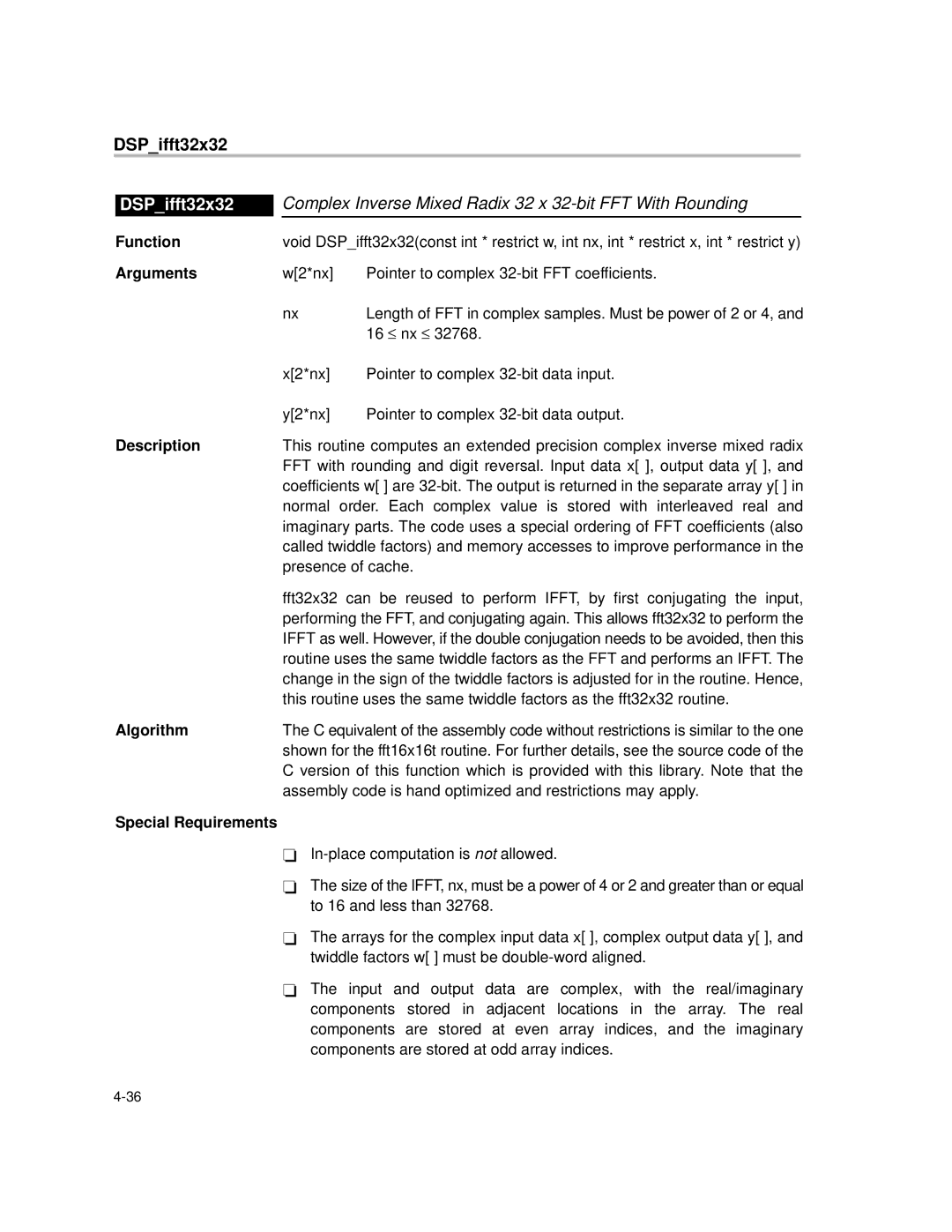 Texas Instruments TMS320C64X manual DSPifft32x32, Complex Inverse Mixed Radix 32 x 32-bit FFT With Rounding 