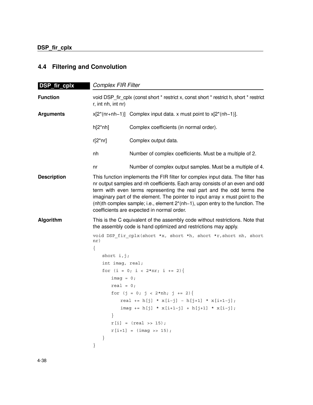 Texas Instruments TMS320C64X manual Filtering and Convolution, DSPfircplx, Complex FIR Filter 