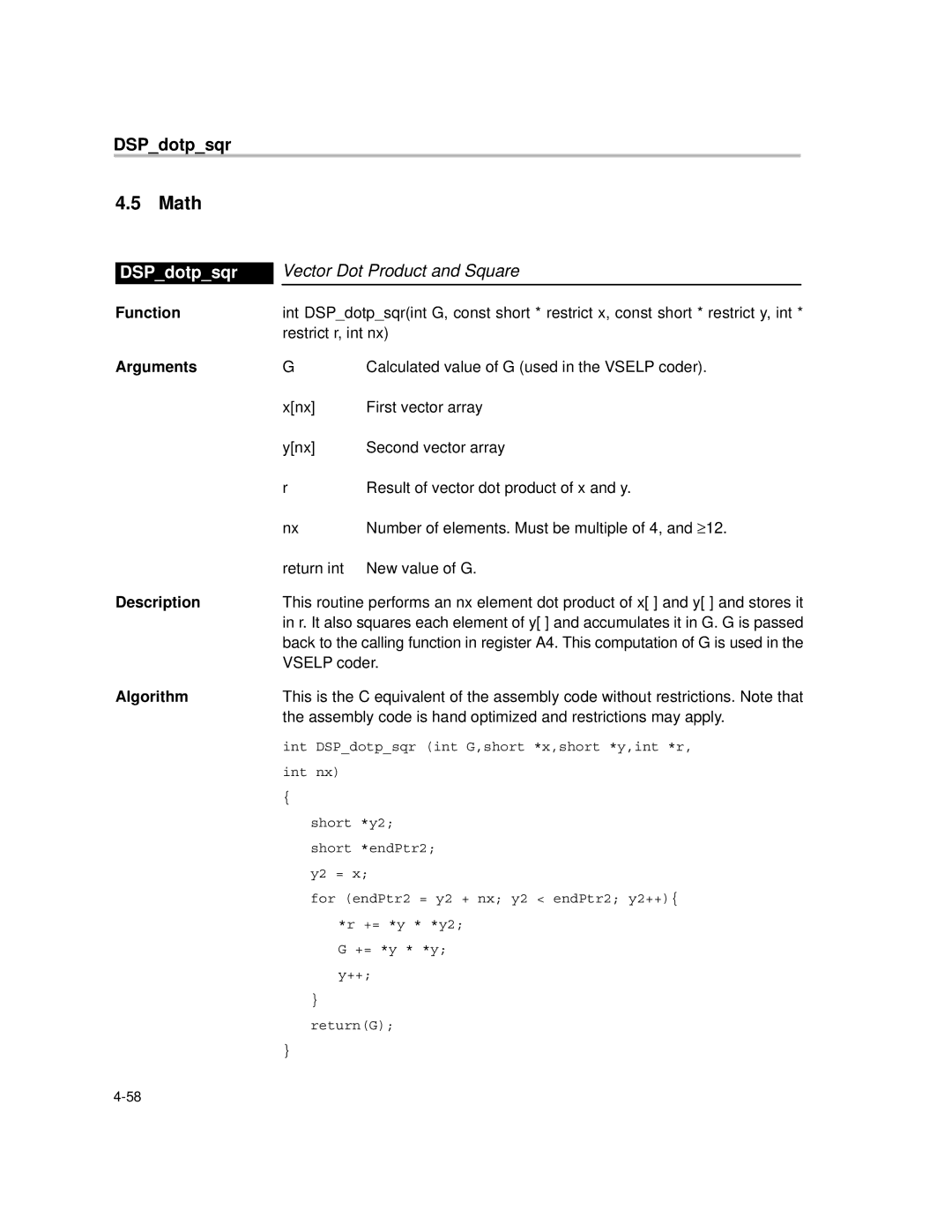 Texas Instruments TMS320C64X manual Math, DSPdotpsqr, Vector Dot Product and Square 