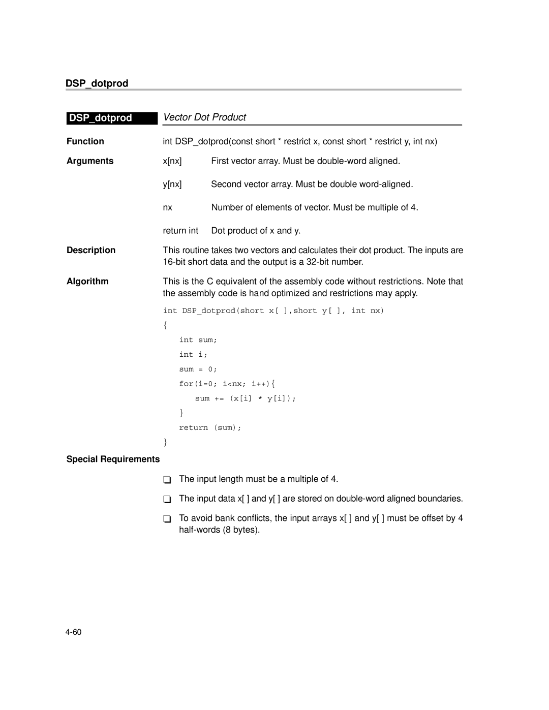 Texas Instruments TMS320C64X manual DSPdotprod, Vector Dot Product 