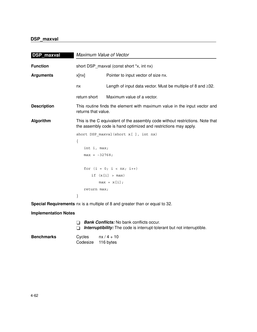 Texas Instruments TMS320C64X manual DSPmaxval, Maximum Value of Vector 