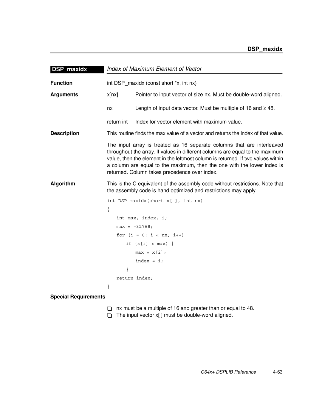 Texas Instruments TMS320C64X manual Index of Maximum Element of Vector, DSPmaxidx 