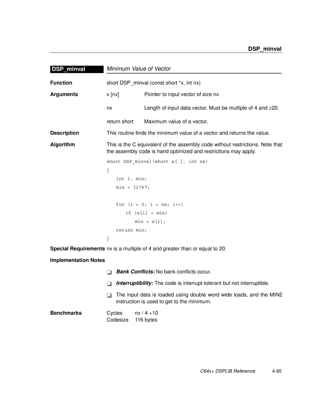 Texas Instruments TMS320C64X manual Minimum Value of Vector, DSPminval 