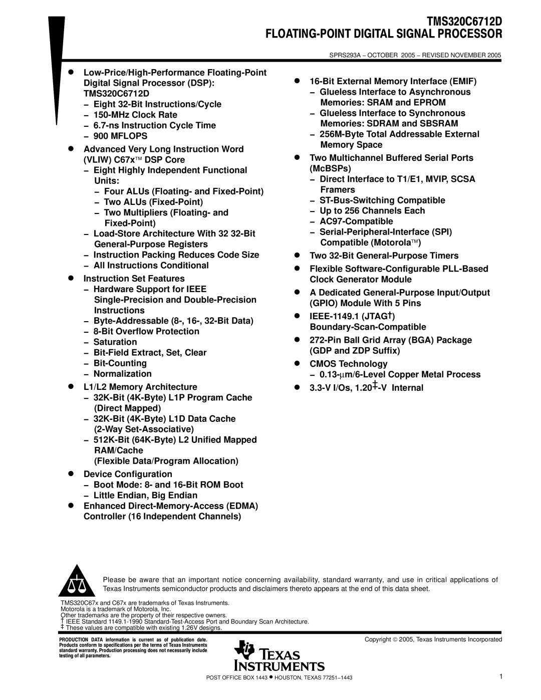 Texas Instruments TMS320C6712D warranty SPRS293A − October 2005 − Revised November 
