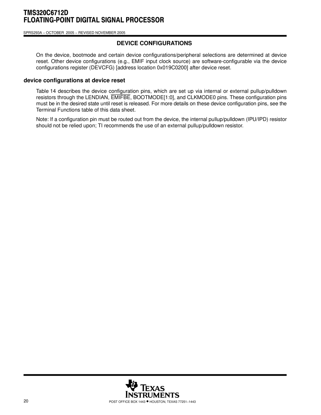 Texas Instruments TMS320C6712D warranty Device Configurations, Device configurations at device reset 