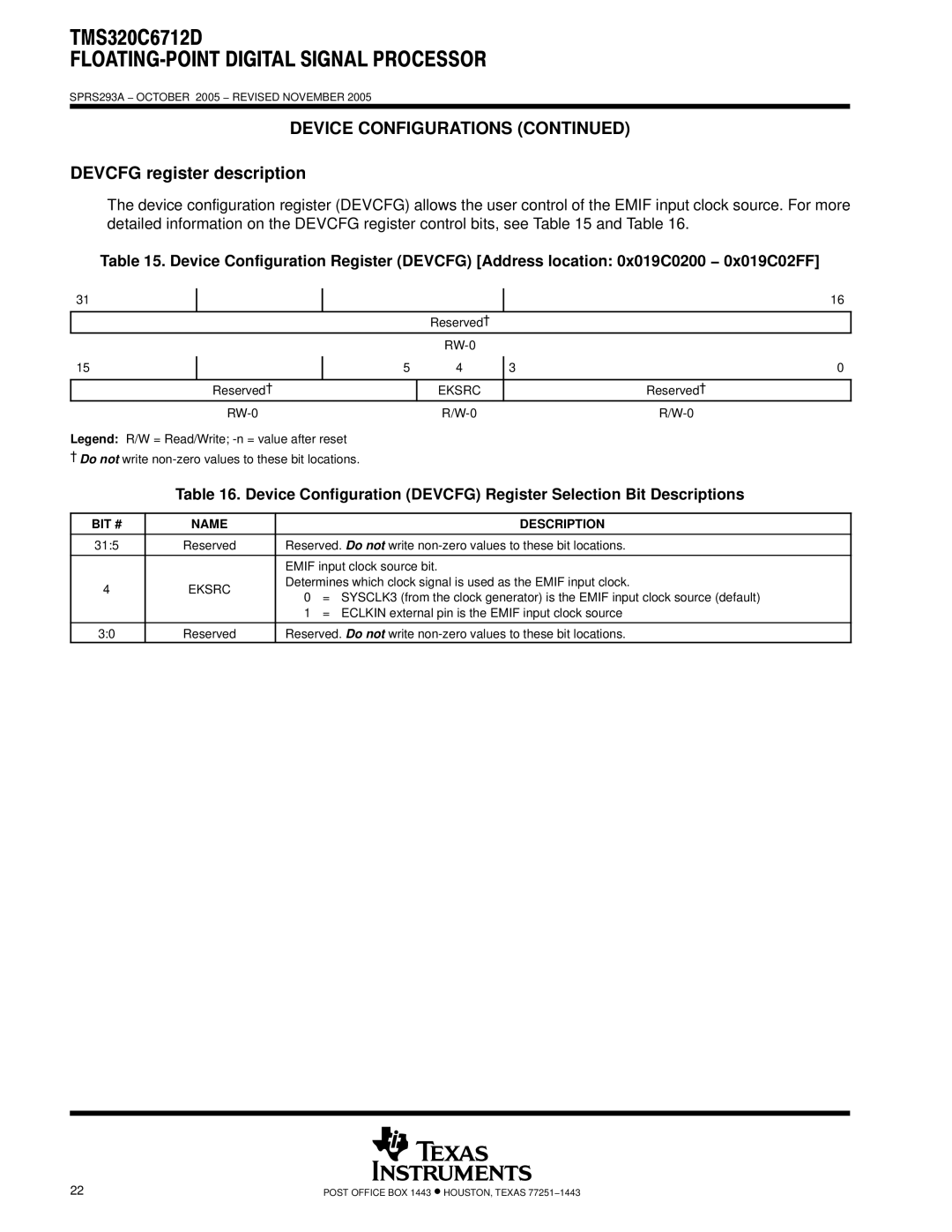 Texas Instruments TMS320C6712D warranty Devcfg register description, Eksrc, BIT # Name Description 