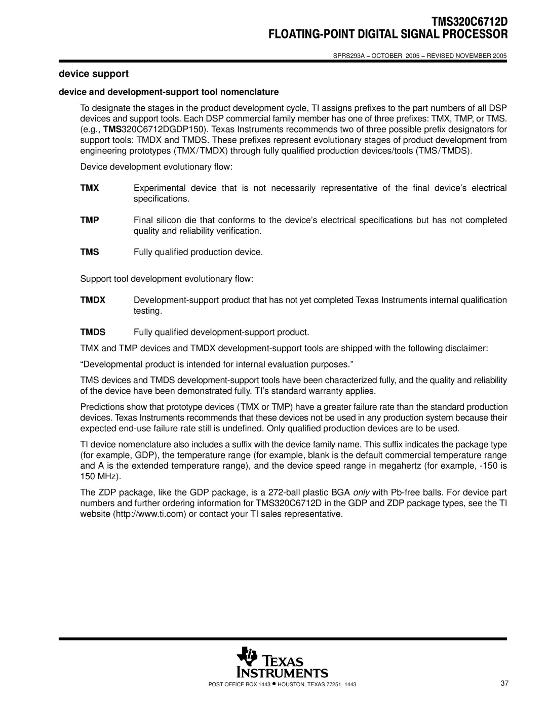 Texas Instruments TMS320C6712D warranty Device support, Device and development-support tool nomenclature 