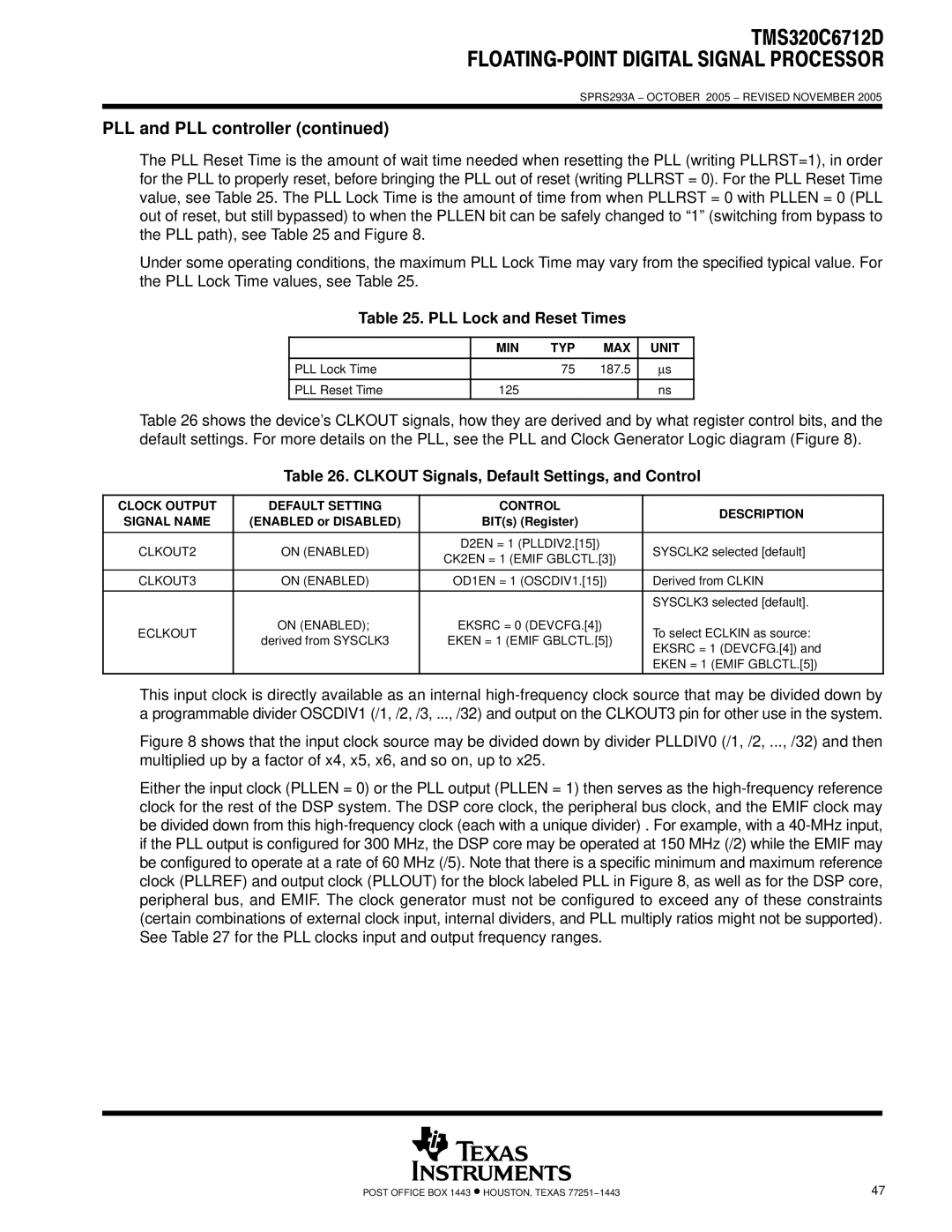 Texas Instruments TMS320C6712D PLL Lock and Reset Times, Clkout Signals, Default Settings, and Control, MIN TYP MAX Unit 