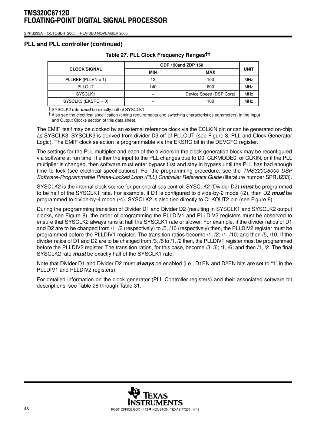 Texas Instruments TMS320C6712D warranty PLL Clock Frequency Ranges†‡, Clock Signal, GDP 150and ZDP 