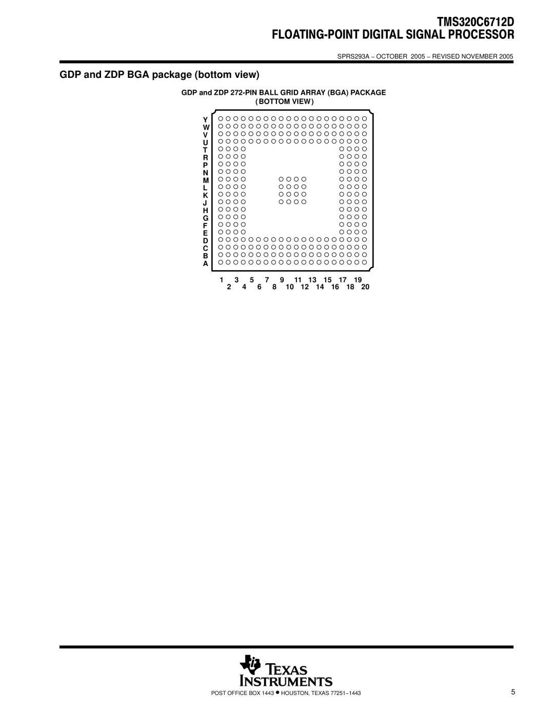 Texas Instruments TMS320C6712D GDP and ZDP BGA package bottom view, GDP and ZDP 272-PIN Ball Grid Array BGA Package 