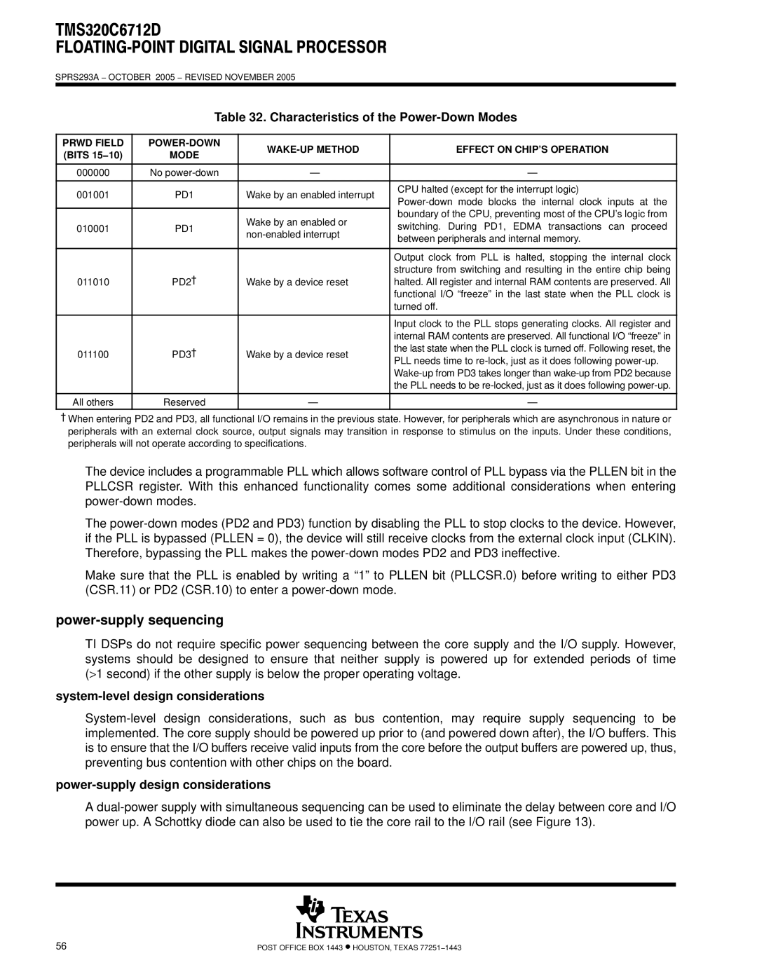 Texas Instruments TMS320C6712D warranty Power-supply sequencing, Characteristics of the Power-Down Modes 