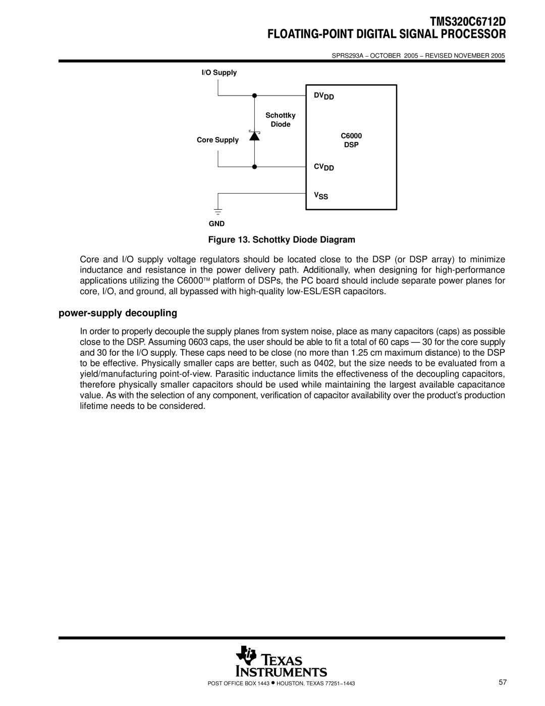 Texas Instruments TMS320C6712D Power-supply decoupling, Supply Schottky Diode Core Supply, GND Dvdd, C6000, DSP Cvdd VSS 