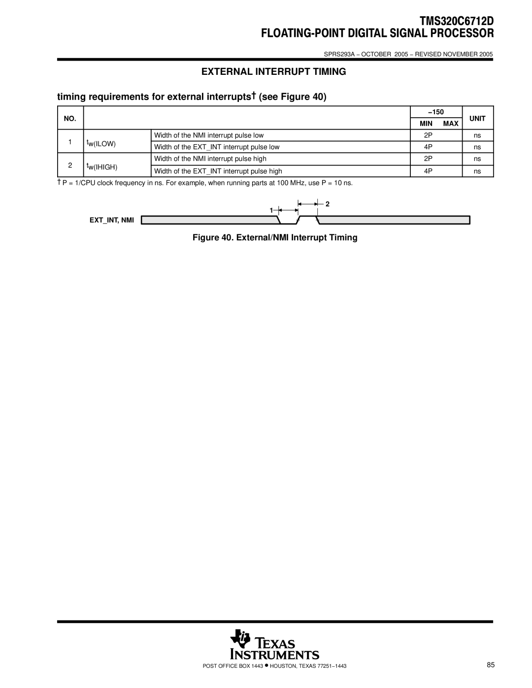 Texas Instruments TMS320C6712D warranty External Interrupt Timing, Timing requirements for external interrupts† see Figure 