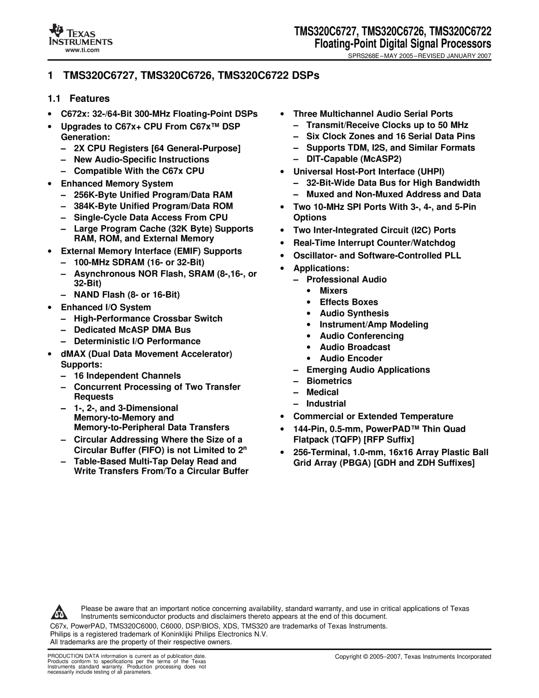 Texas Instruments warranty TMS320C6727, TMS320C6726, TMS320C6722 DSPs, Features 