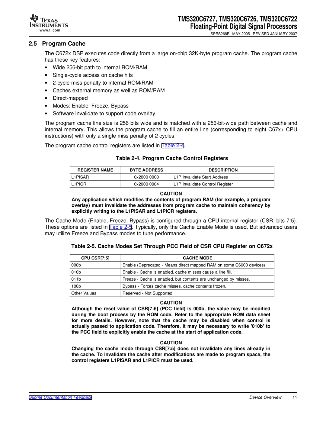 Texas Instruments TMS320C6726 Program Cache Control Registers, Register Name Byte Address Description, CPU CSR75 