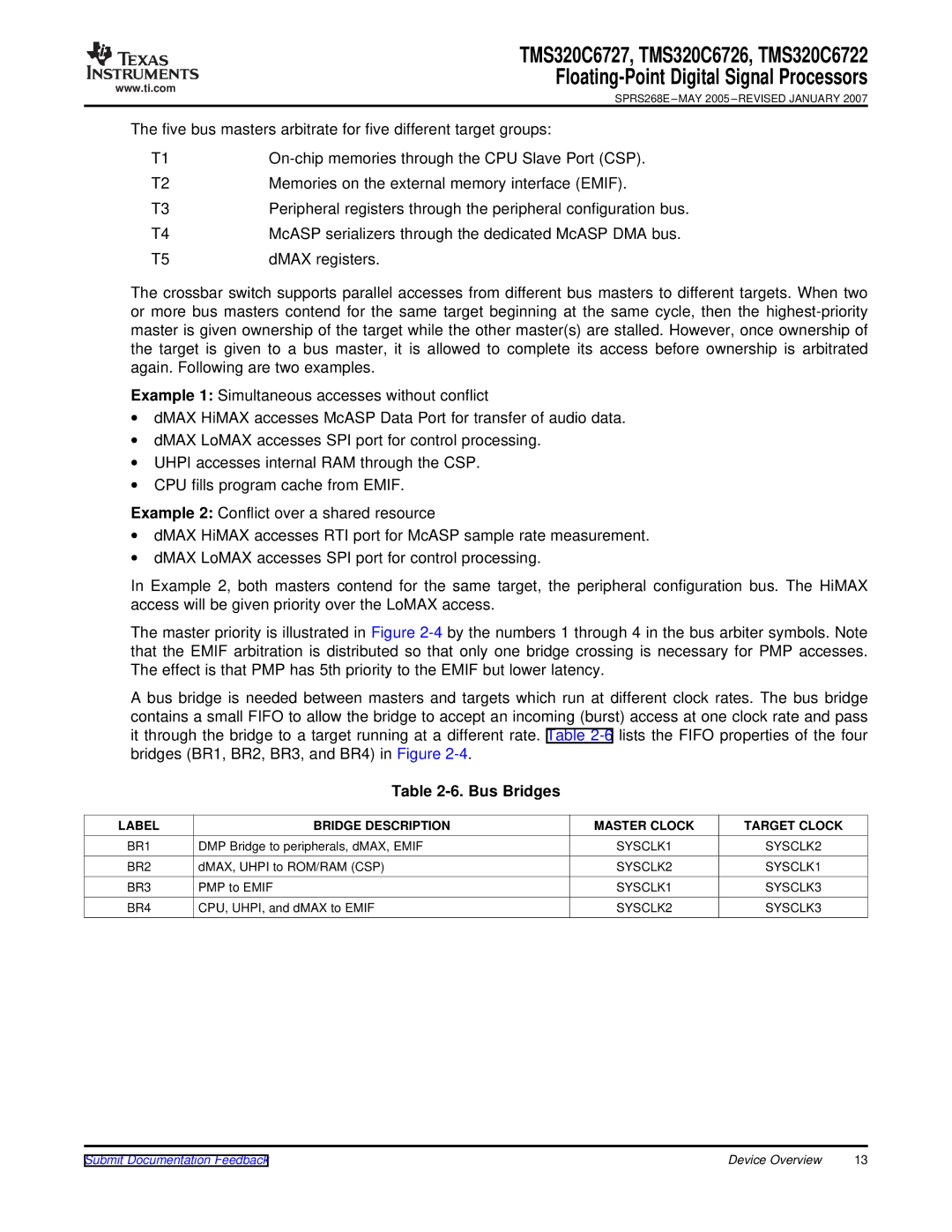 Texas Instruments TMS320C6722, TMS320C6727, TMS320C6726 Bus Bridges, Label Bridge Description Master Clock Target Clock 