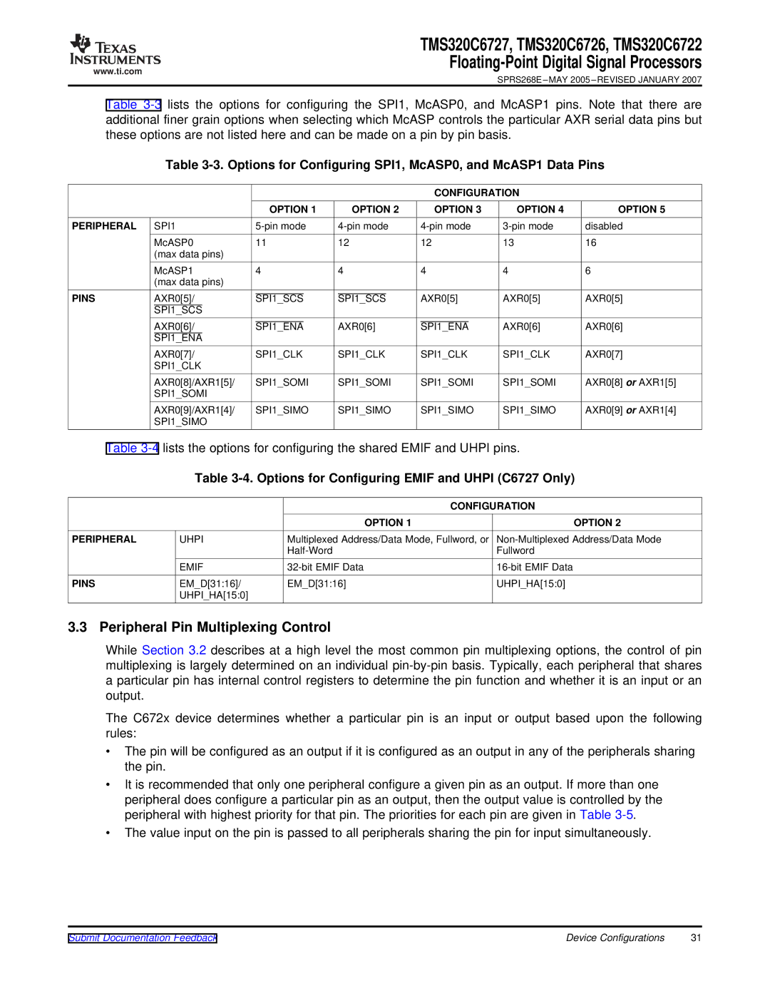 Texas Instruments TMS320C6722 Peripheral Pin Multiplexing Control, Options for Configuring Emif and Uhpi C6727 Only 