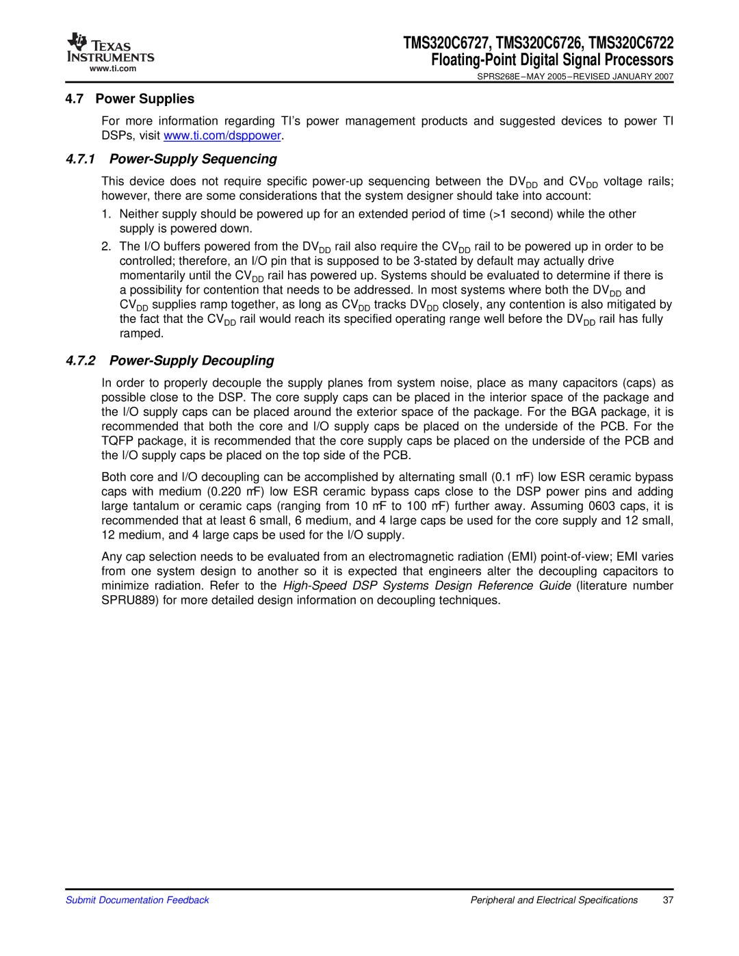 Texas Instruments TMS320C6722, TMS320C6727, TMS320C6726 Power Supplies, Power-Supply Sequencing, Power-Supply Decoupling 