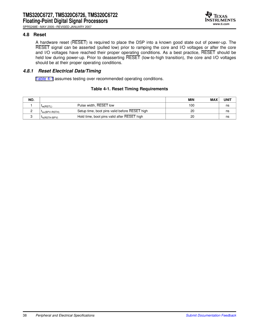 Texas Instruments TMS320C6726, TMS320C6727 Reset Electrical Data/Timing, Reset Timing Requirements, MIN MAX Unit 