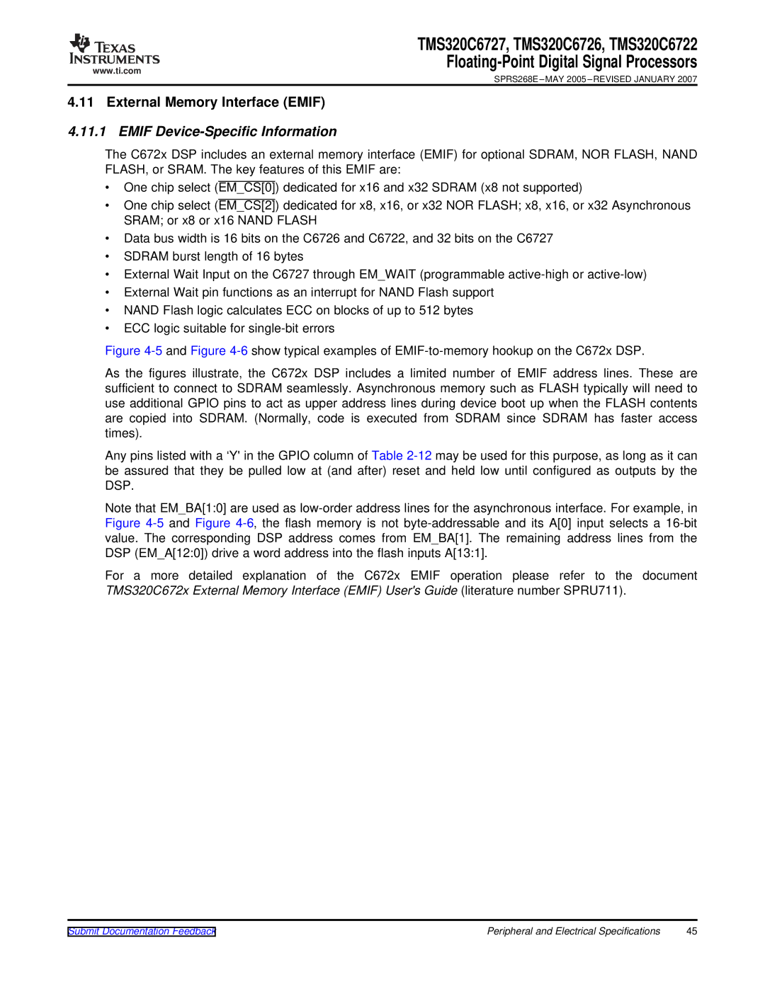 Texas Instruments TMS320C6727, TMS320C6722, TMS320C6726 External Memory Interface Emif, Emif Device-Specific Information 