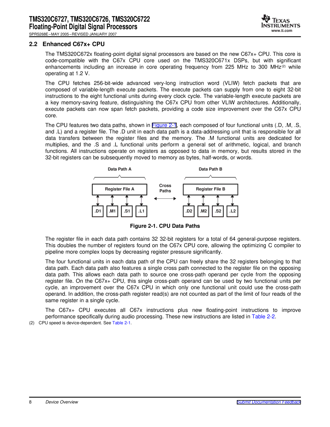 Texas Instruments TMS320C6726, TMS320C6727, TMS320C6722 warranty Enhanced C67x+ CPU, CPU Data Paths 