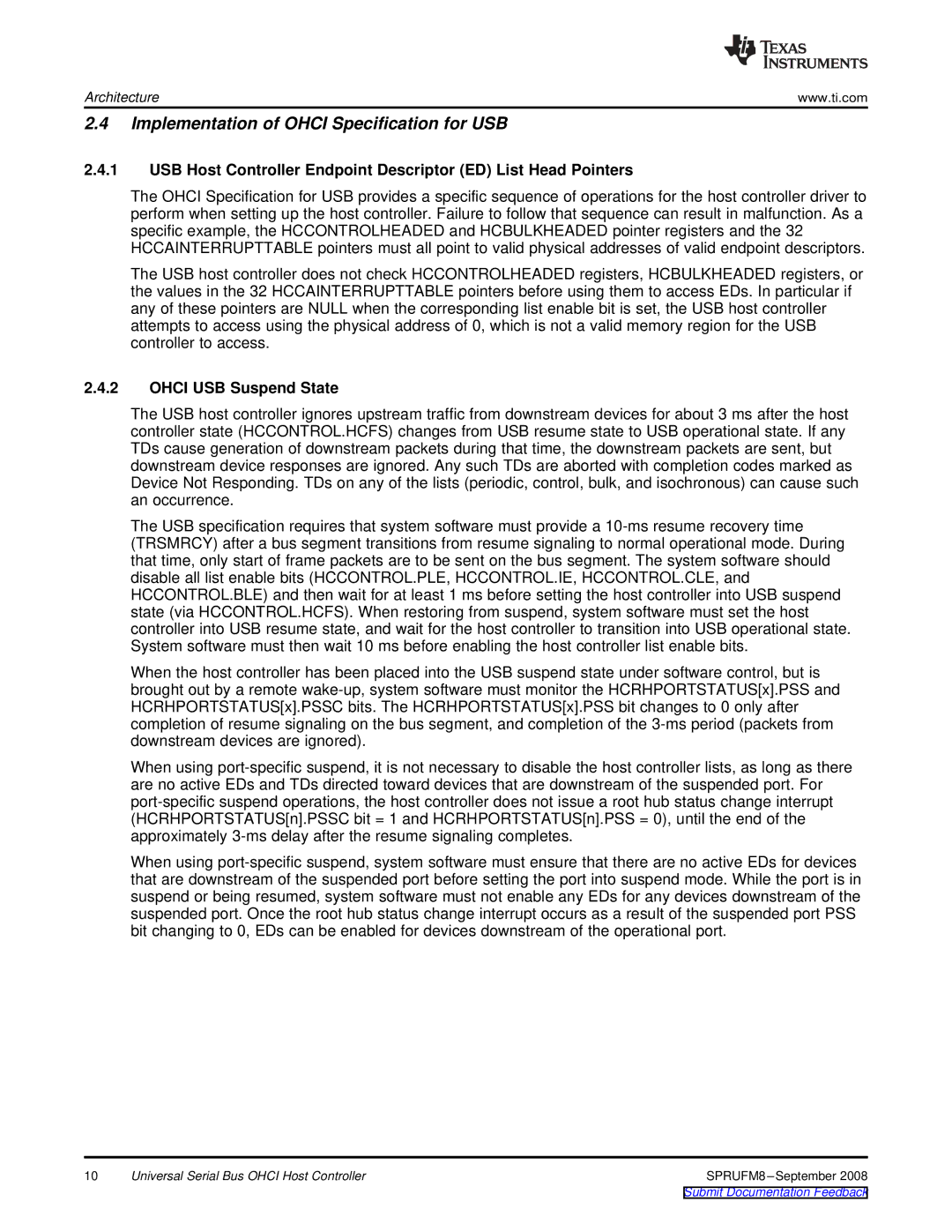 Texas Instruments TMS320C6747 DSP manual Implementation of Ohci Specification for USB, Ohci USB Suspend State 