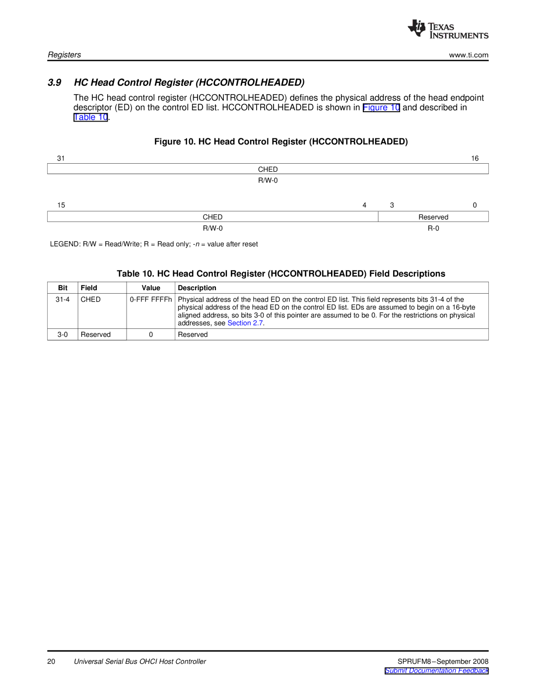 Texas Instruments TMS320C6747 DSP manual HC Head Control Register Hccontrolheaded, Ched 