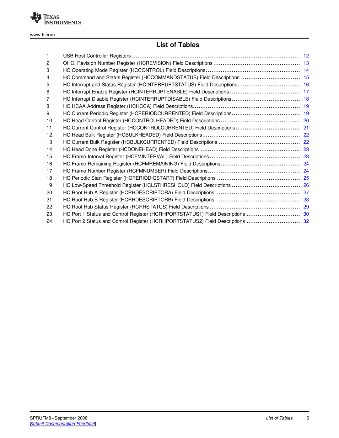 Texas Instruments TMS320C6747 DSP manual List of Tables 