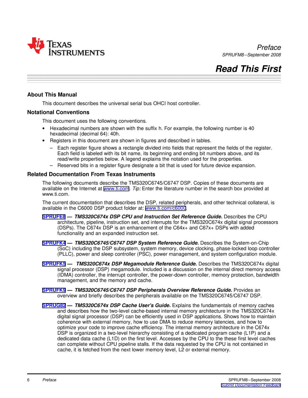 Texas Instruments TMS320C6747 DSP manual Read This First 