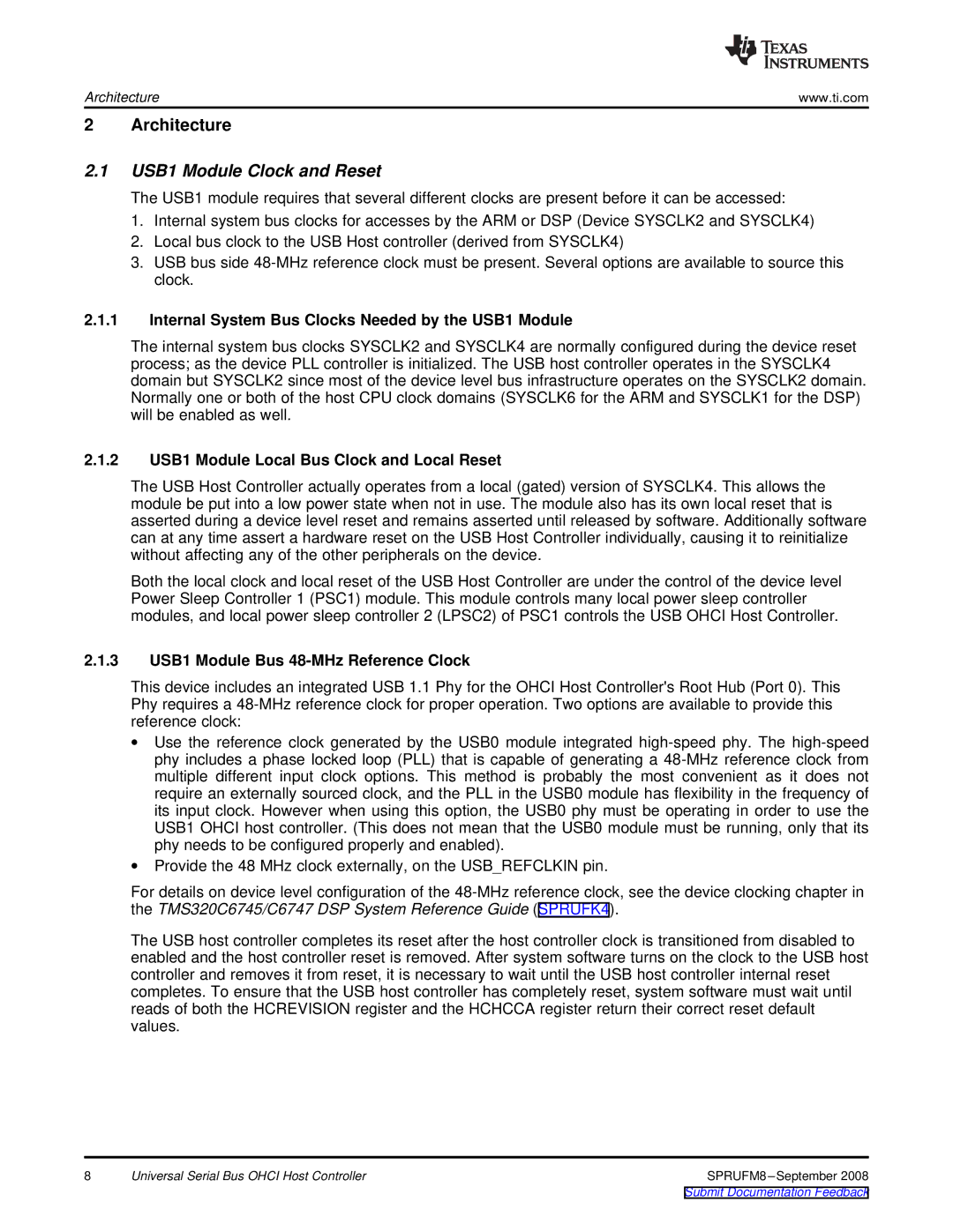 Texas Instruments TMS320C6747 DSP manual USB1 Module Clock and Reset, Internal System Bus Clocks Needed by the USB1 Module 