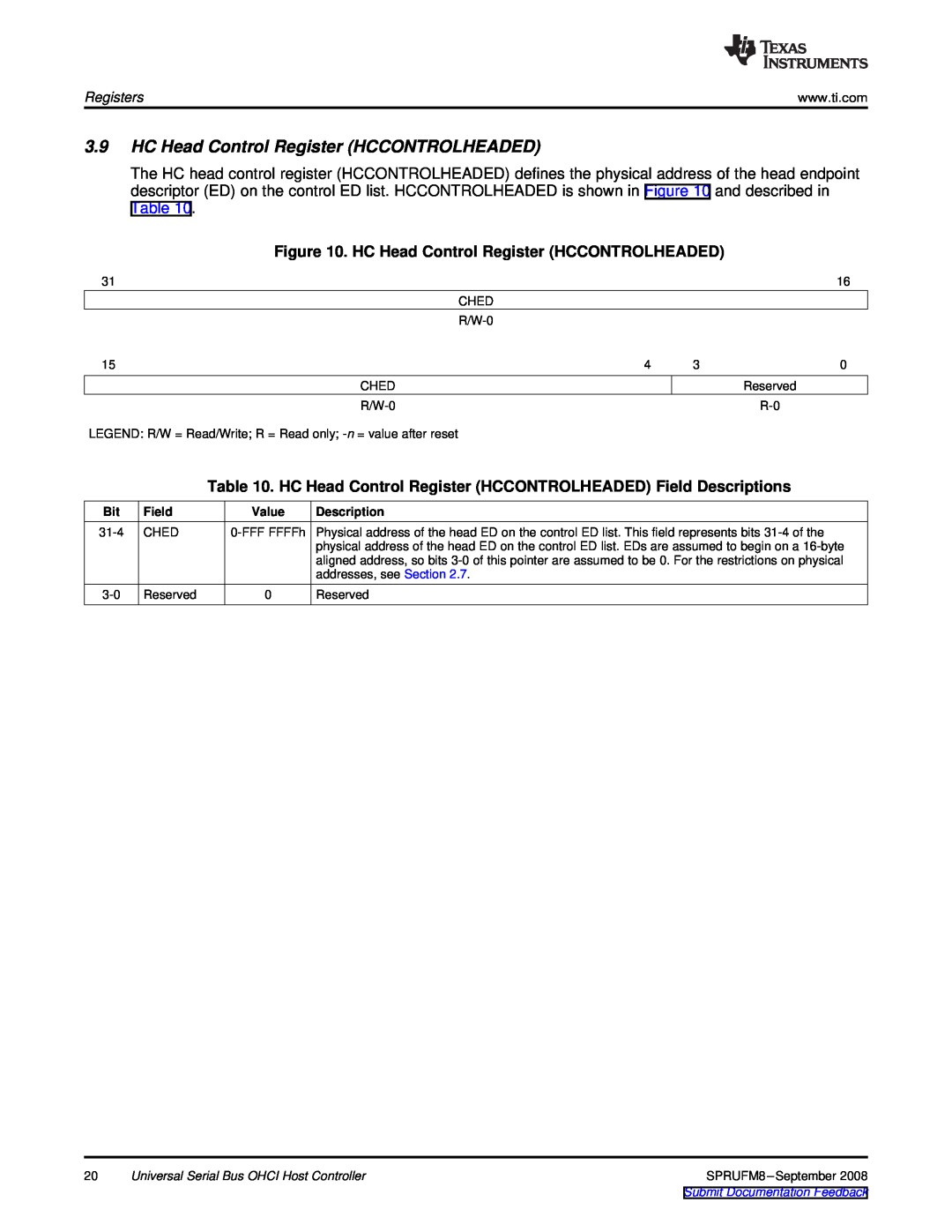 Texas Instruments TMS320C6747 DSP manual HC Head Control Register HCCONTROLHEADED, Registers, Field, Description 