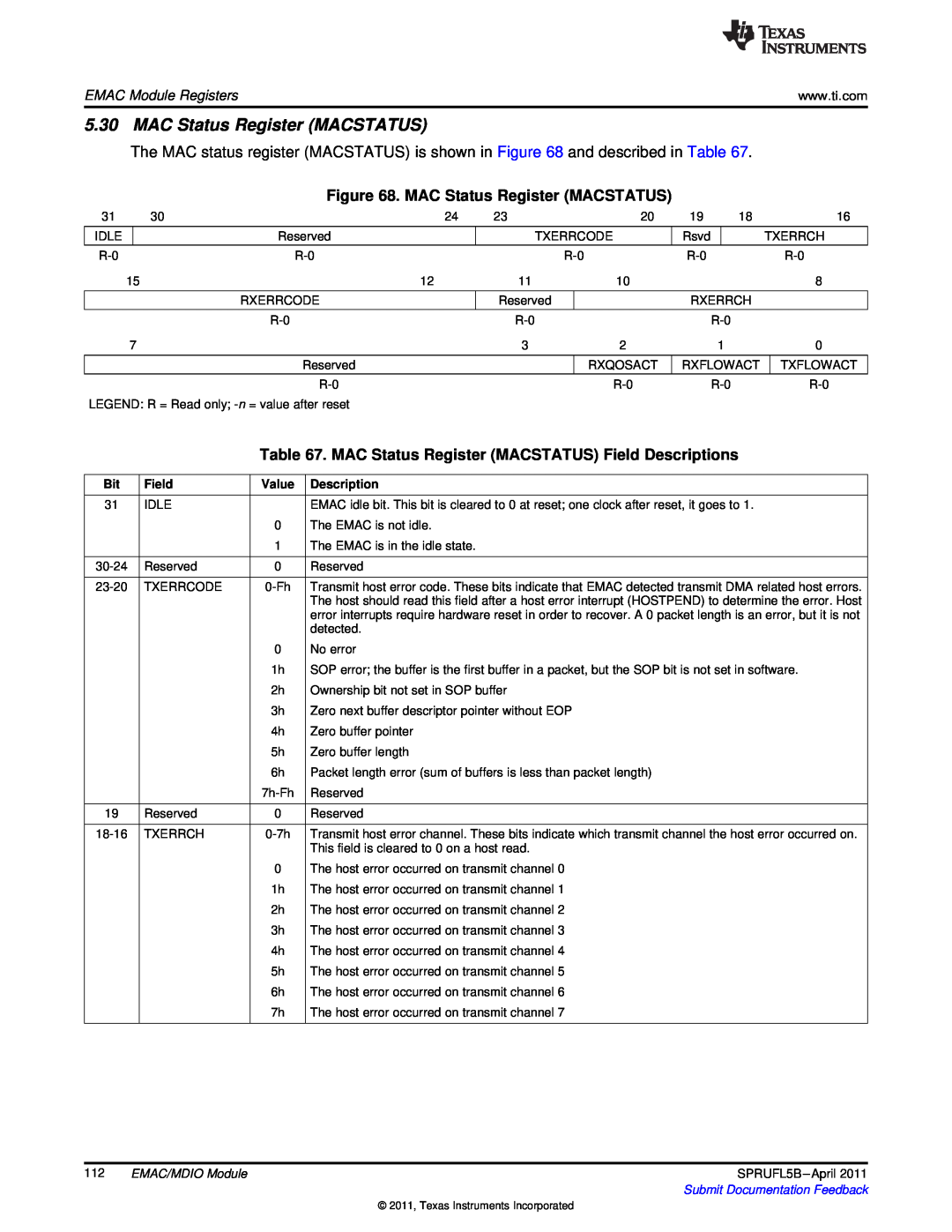 Texas Instruments TMS320C674X manual MAC Status Register MACSTATUS Field Descriptions, EMAC Module Registers, Value 
