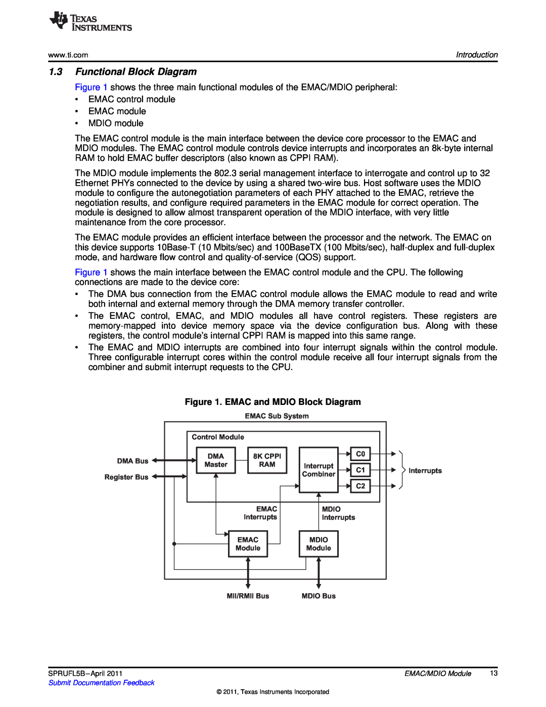Texas Instruments TMS320C674X manual Functional Block Diagram, EMAC and MDIO Block Diagram 
