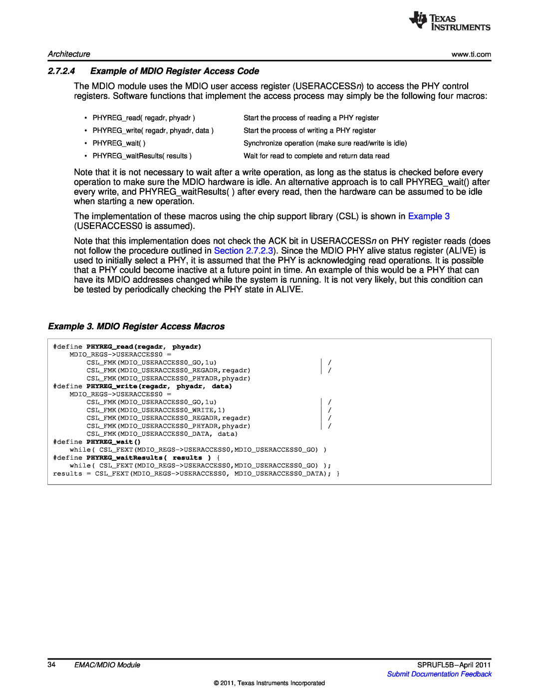 Texas Instruments TMS320C674X manual Example of MDIO Register Access Code, Example 3. MDIO Register Access Macros 