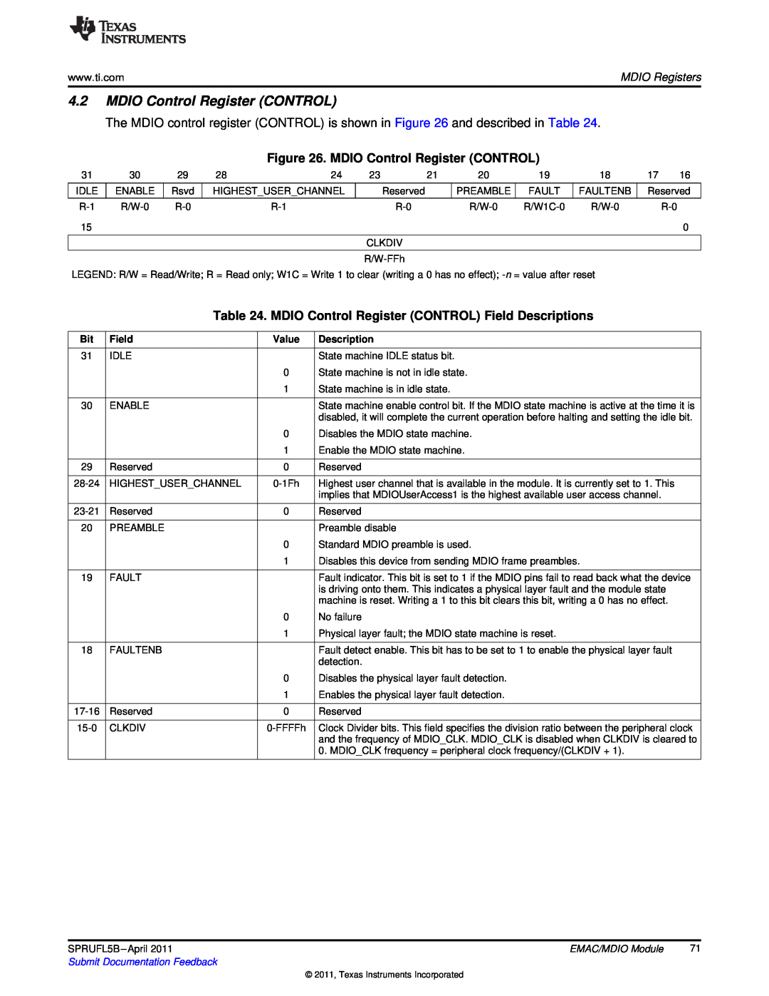 Texas Instruments TMS320C674X manual MDIO Control Register CONTROL Field Descriptions, MDIO Registers, Value 
