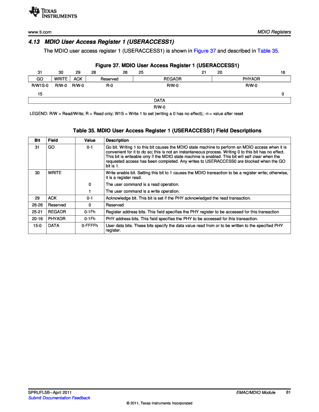 Texas Instruments TMS320C674X manual MDIO User Access Register 1 USERACCESS1, MDIO Registers, Field, Value, Description 