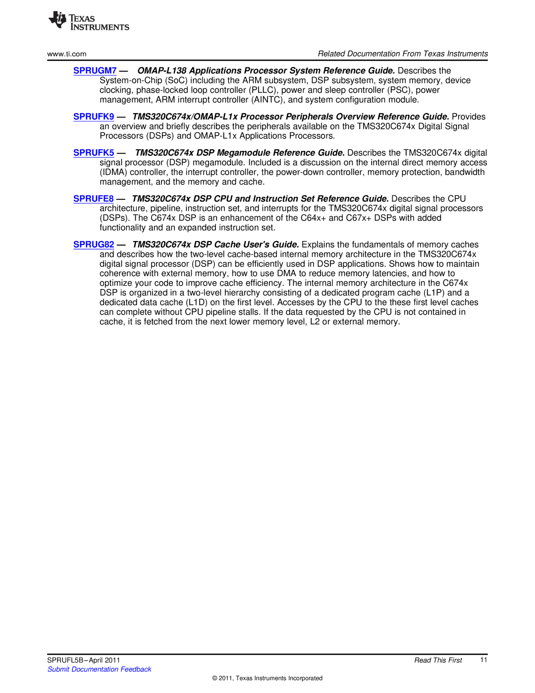 Texas Instruments TMS320C674X manual Related Documentation From Texas Instruments 