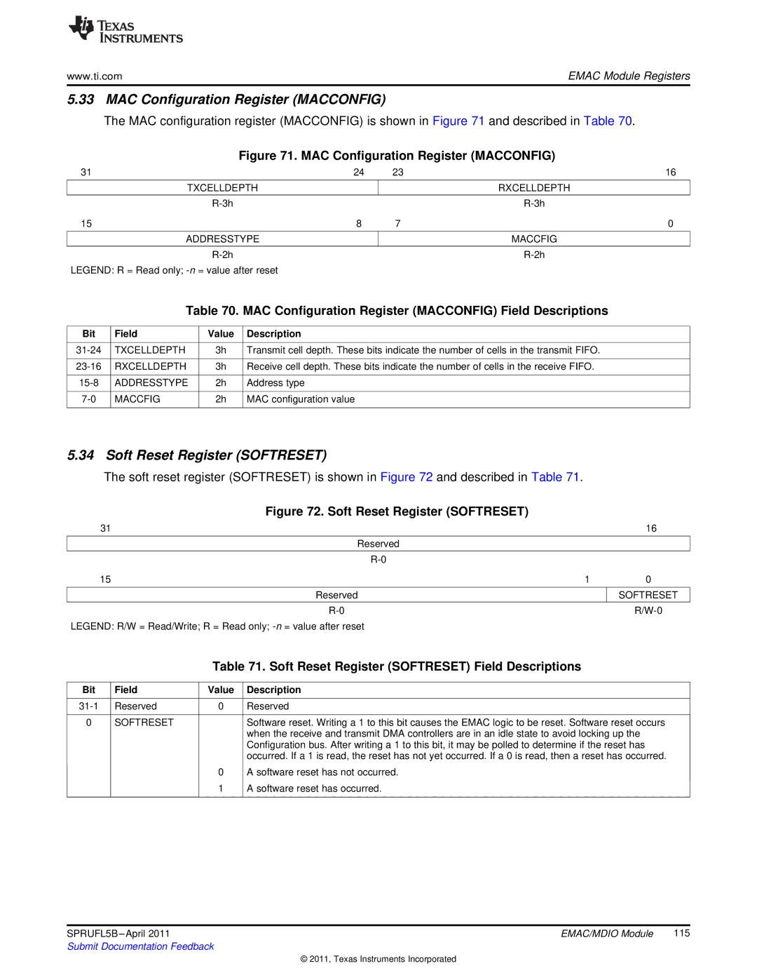 Texas Instruments TMS320C674X manual MAC Configuration Register Macconfig, Soft Reset Register Softreset 