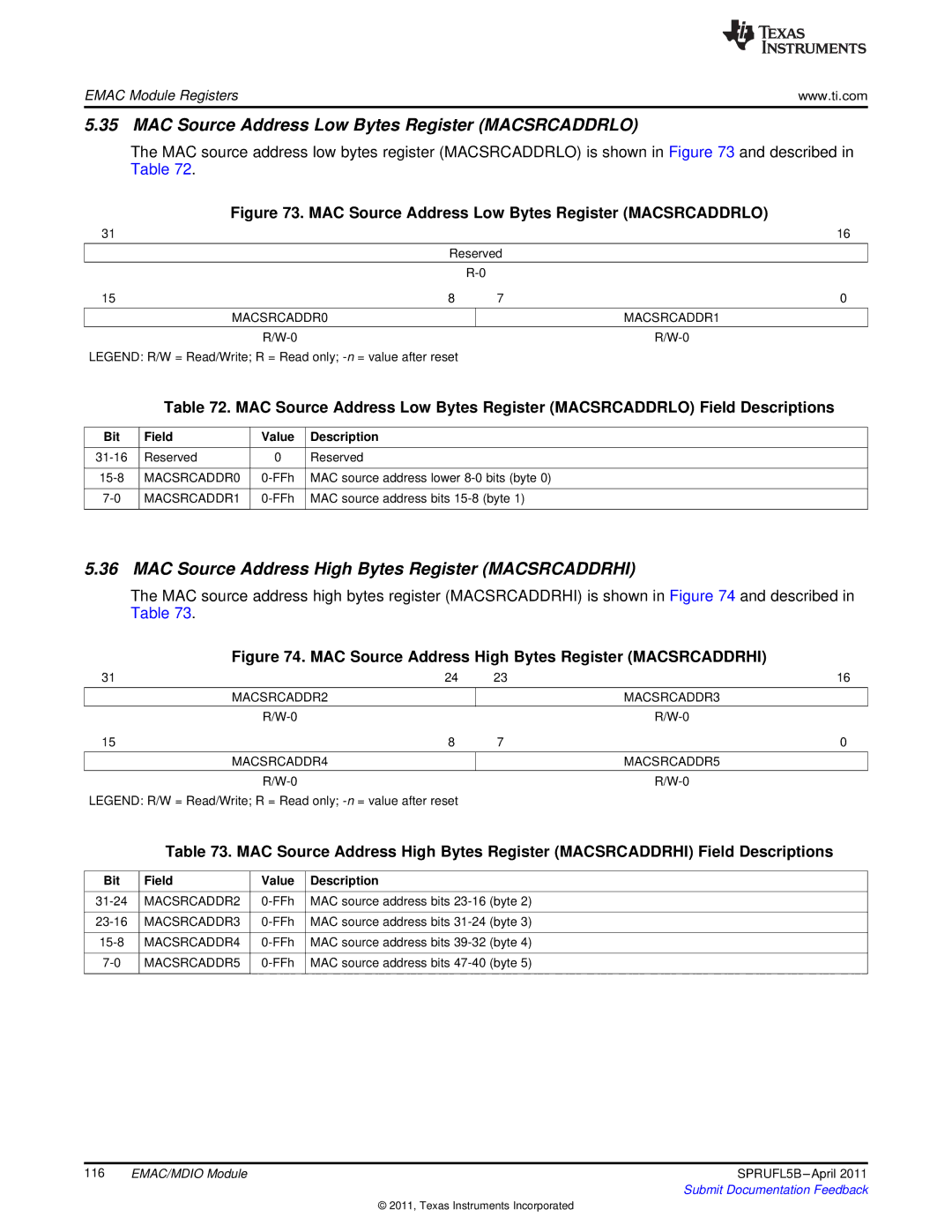 Texas Instruments TMS320C674X manual MAC Source Address Low Bytes Register Macsrcaddrlo 