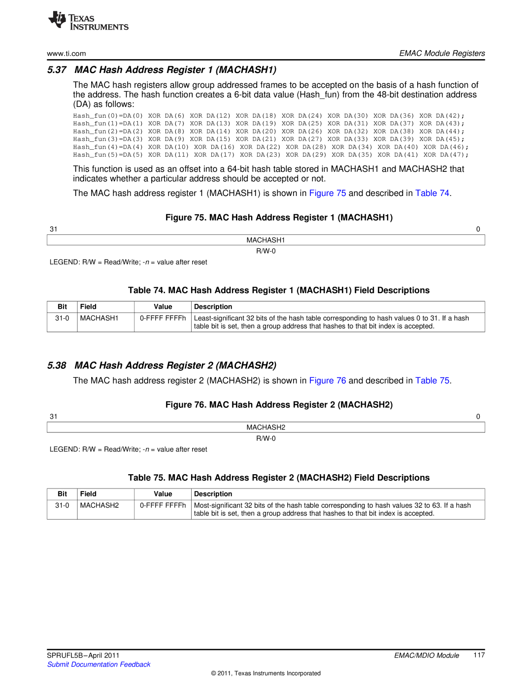 Texas Instruments TMS320C674X manual MAC Hash Address Register 1 MACHASH1, MAC Hash Address Register 2 MACHASH2 