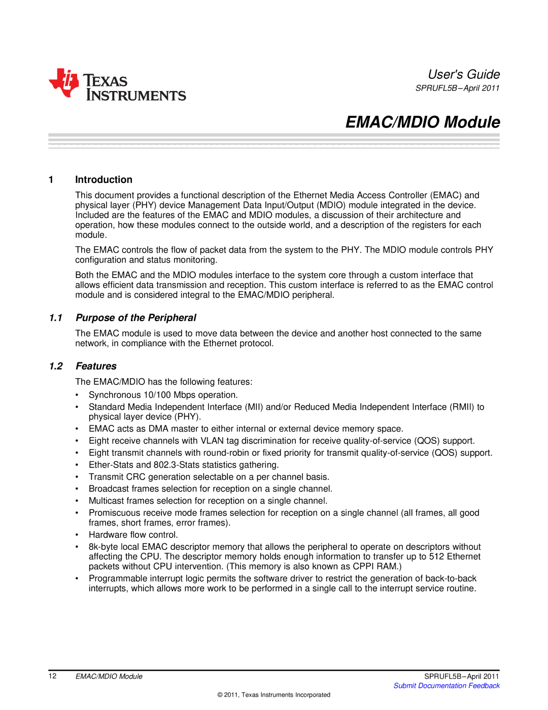 Texas Instruments TMS320C674X manual Purpose of the Peripheral, Features 